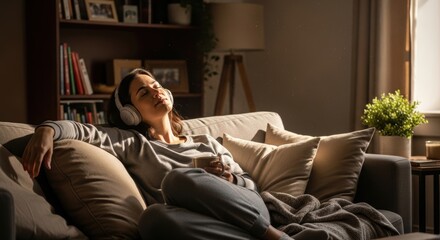 Naklejka premium Peaceful woman relaxing on a sofa, listening to music with headphones in a cozy evening setting. Serene female enjoying a moment of self-care with a hot drink and audio, hand on chest for mindfulness.