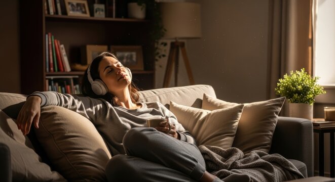 Peaceful woman relaxing on a sofa, listening to music with headphones in a cozy evening setting. Serene female enjoying a moment of self-care with a hot drink and audio, hand on chest for mindfulness.