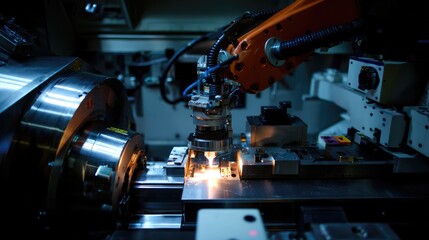 Fototapeta premium Industrial Robot Arm Performing Precision Machining with Sparks and Focused Detail in Manufacturing Environment