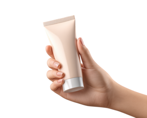 Hand holds realistic facial cleanser tube, showcasing sleek design without any logos. product exudes sense of cleanliness and simplicity, perfect for skincare routines