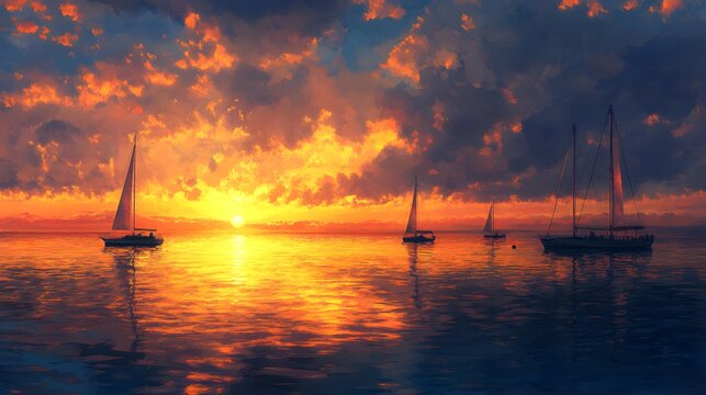 Serene sunset over tranquil waters with sailboats silhouetted against vibrant clouds