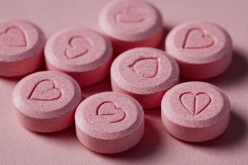 Pink pills with heart shapes on a pink background
