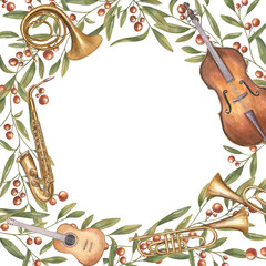 Watercolor square frame with saxophone, guitar, French horn, double bass, and autumn plants with red berries. Hand painted floral musical illustration on isolated background. For jazz festival poster.