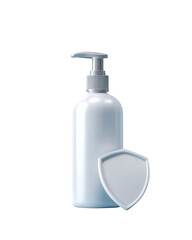 Realistic body lotion pump bottle with sleek design, featuring protective shield symbolizing quality and care. This product embodies elegance and functionality, perfect for skincare routines