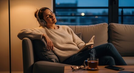 Obraz premium Peaceful woman relaxing on a sofa, listening to music with headphones in a cozy evening setting. Serene female enjoying a moment of self-care with a hot drink and audio, hand on chest for mindfulness.