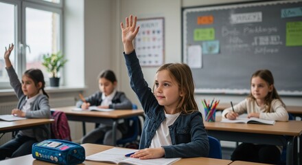 Young cute schoolgirl raising hand to answer question from teacher in classroom. Happy kid elementary student learning while sitting at desk during lesson. Education, knowledge, back to school concept