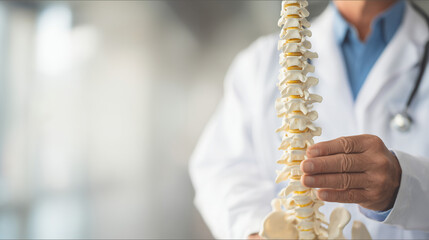 chiropractor holding anatomical spine model