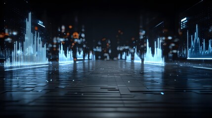 Futuristic holographic interface displays glowing blue financial data graphs and charts floating in a dark, high-tech control room; an abstract network.