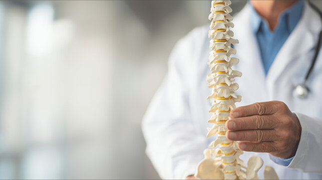 chiropractor holding anatomical spine model