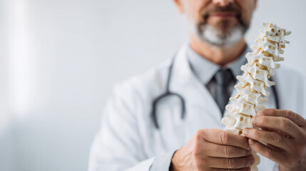 chiropractor holding anatomical spine model