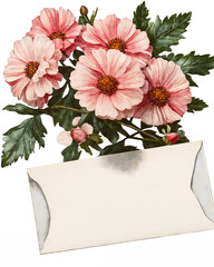 Pink floral bouquet with envelope, vintage watercolor flowers illustration for romantic greeting card
