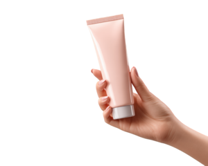 Hand holds realistic facial cleanser tube, showcasing soft pink color and sleek design. This product emphasizes skincare and beauty, perfect for daily routines