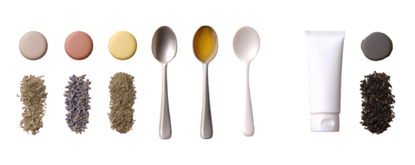 Flat lay arrangement featuring various natural ingredients, including herbs, oils, and cosmetic products, showcasing harmonious blend of colors and textures. This composition evokes sense of calm