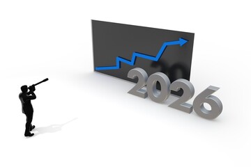An illustration for 2026, a year of growth, future, and business success. A businessman looks through a telescope at an upward-trending graph, symbolizing foresight, strategic planning, and a positive