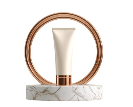 Realistic facial cleanser tube displayed elegantly within circular rose gold frame on marble base, creating modern and sophisticated aesthetic. This product showcases beauty and luxury