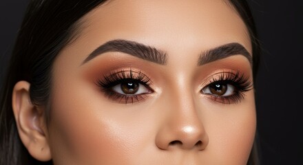 Fototapeta premium Close-up portrait of a person with captivating warm-toned eye makeup, showcasing a soft, sophisticated aesthetic.