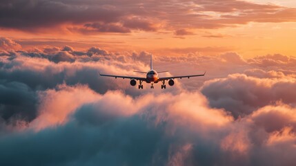 Fototapeta premium Airplane flying above the clouds during a vibrant sunset, creating a breathtaking view of the sky and horizon.