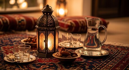 Ramadan Iftar Table Setting with Traditional Lanterns and Dates.