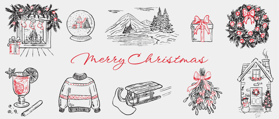 Hand drawn Merry Christmas decorations. Fireplace with pine tree garland, gift boxes, Christmas wreath, winter mountain landscape. Vector sketch illustration in vintage crayon style.