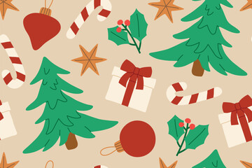 christmas, holiday seamless pattern with gift boxes, candy canes, baubles, christmas trees and holly berries; great for greeting cards wrapping paper, wallpaper- vector illustration
