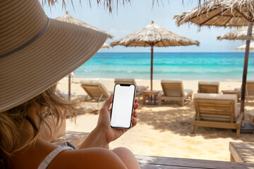 mockup image of a woman holding mobile phone concept blank desktop screen while sitting on the beach imagen simulada de una mujer sosteniendo un concepto de pantalla de escritorio en blanco  tel&eacute;fono