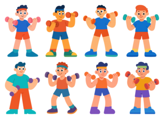 PNG Colorful cartoon characters exercising, element set on transparent background
