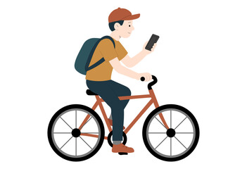 Naklejka premium Young man riding bicycle while using smartphone, unsafe cycling behavior illustration for transportation safety, distracted commuting, urban lifestyle, road hazard awareness, and educational campaign 