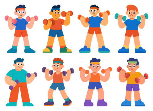 PNG Colorful cartoon characters exercising, element set on transparent background