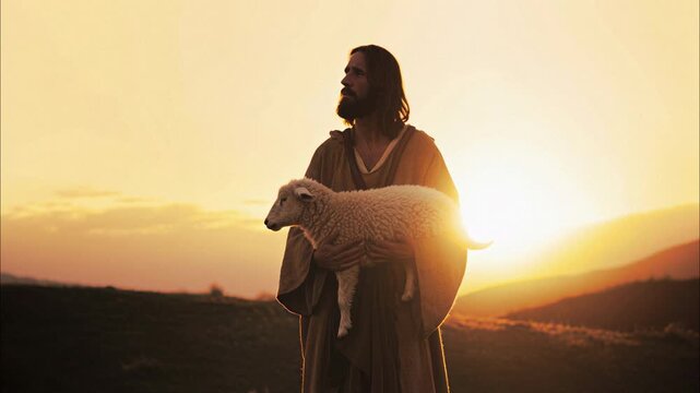Jesus Holding Lamb at Sunset Among Hills, Backlit Pastoral Scene of Peace and Protection. The Good Shepherd leaves the 99 for the Lost One. 