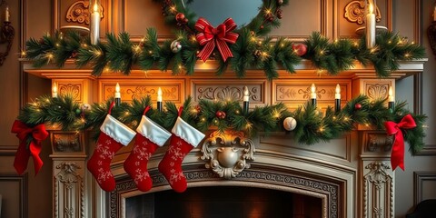 Ornate fireplace mantel with stockings, twinkling lights, and festive garland, interior, fire