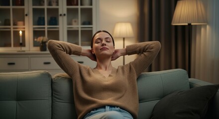 Calm woman relaxing on the sofa at home in the evening, taking a moment for stress relief. Peaceful young woman unwinding on the couch, practicing mindfulness and deep breathing for wellness.