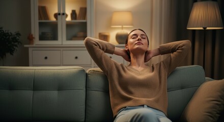 Calm woman relaxing on the sofa at home in the evening, taking a moment for stress relief. Peaceful young woman unwinding on the couch, practicing mindfulness and deep breathing for wellness.