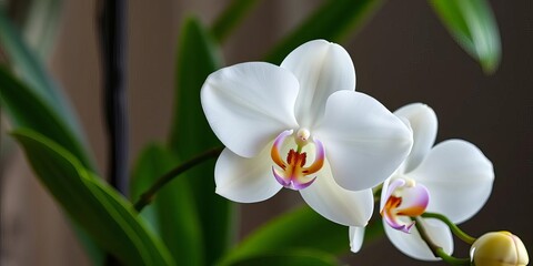 Elegant white orchid blossom, delicate petals, lush green leaves,  leaves,  wedding