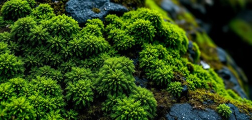 Intricate green moss texture thriving on a deep black surface,  texture,  background