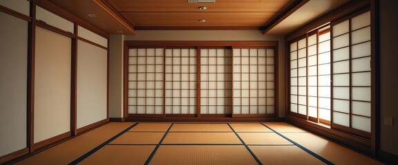 Empty tatami room, sliding doors, minimalist Japanese inn,  bedroom,  shadow