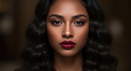 Fototapeta premium Close-up portrait of a woman with striking makeup and voluminous, dark, wavy hair, showcasing a sophisticated and elegant aesthetic against a dramatic background.
