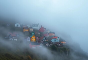 Fototapeta premium Mysterious fog shrouds whimsical, colorful houses on a hillside, secret, artwork