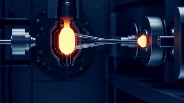Cross section illustration capturing inner glow of glass preform as it is melted and drawn into ultrafine optical fiber within the industrial drawing tower.
