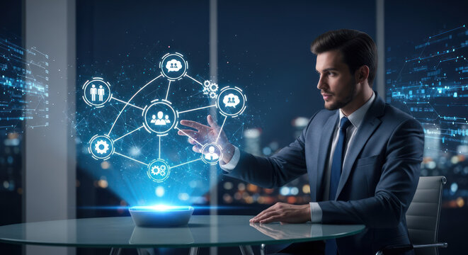 Businessman interacting with a futuristic holographic interface displaying interconnected business icons and data visualization. - Powered by Adobe