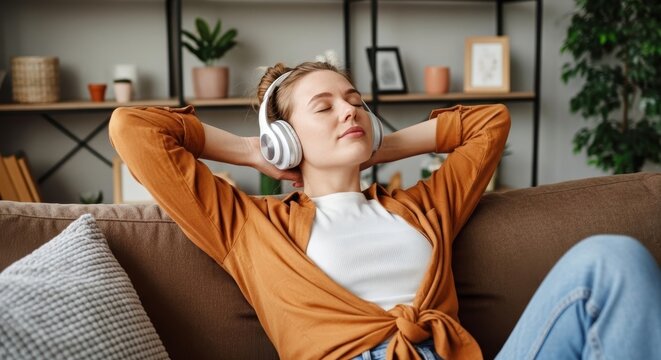 Content young woman relaxing on a sofa, enjoying music with headphones in her stylish living room. Peaceful female taking a break at home, listening to a podcast or audiobook with wireless headphones.