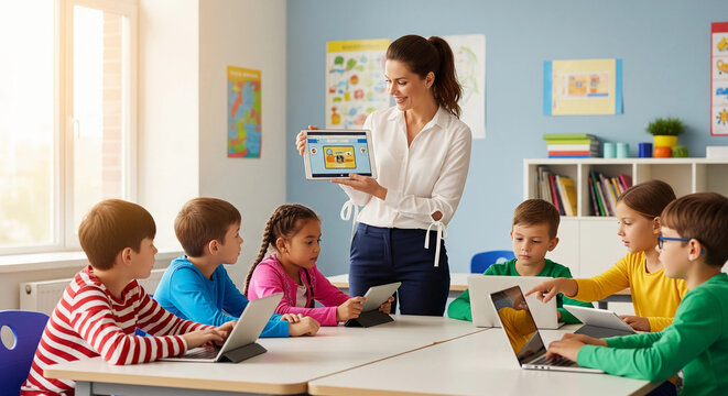 Young smiling teacher showing tablet to children during a lesson in school classroom.