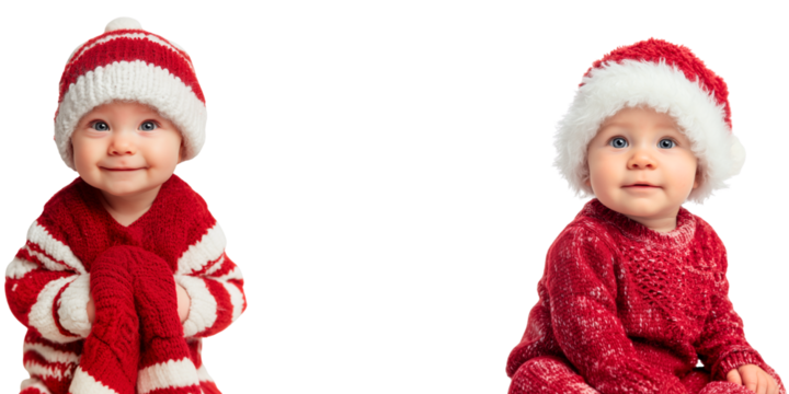 2 caucasian 6-9 months old christmas baby sitting in winter clothing and santa hat isolated over white (transparent) background