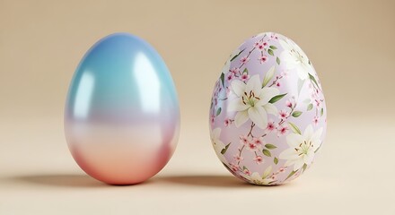 Two Easter Eggs, One Gradient, One Floral Design, Pastel Colors, Festive Decoration.
