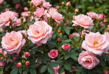 A lush backdrop of delicate pink roses in full bloom,   fresh,  petals