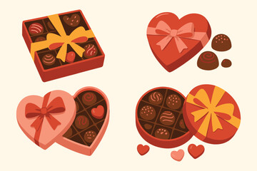 Assortment of valentine s day chocolate boxes and individual chocolates in heart shapes