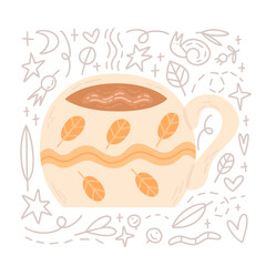 Cute mug with autumn leaves. Hot chocolate, coffee, tea cup. Hand-drawn doodles. Print for greeting card. Vector cozy illustration of hot drink in flat style