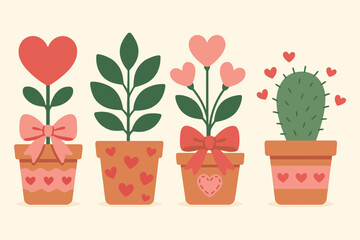 Charming potted plants with heart shaped flowers and cute bows for valentine s day