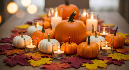 Festive autumn arrangement of pumpkins candles and autumn leaves create a warm ambiance