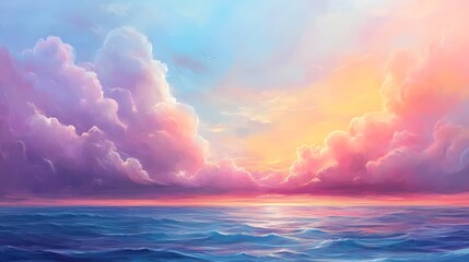 Vibrant sunset over the ocean with colorful clouds reflecting on the water, creating a serene atmosphere