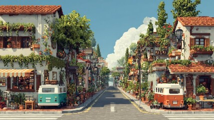 Fototapeta premium Enchanting pixelated streetscape with vintage vans and blossoming architecture